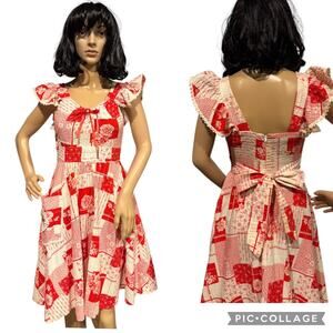 Vintage Ruffled Prairie Apron style red white floral patchwork dress size XS